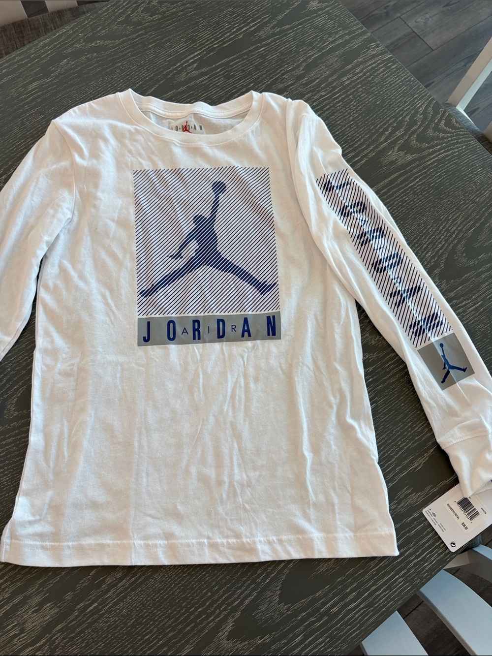 Jordan White Long-Sleeve Tee with Blue Jumpman Graphic